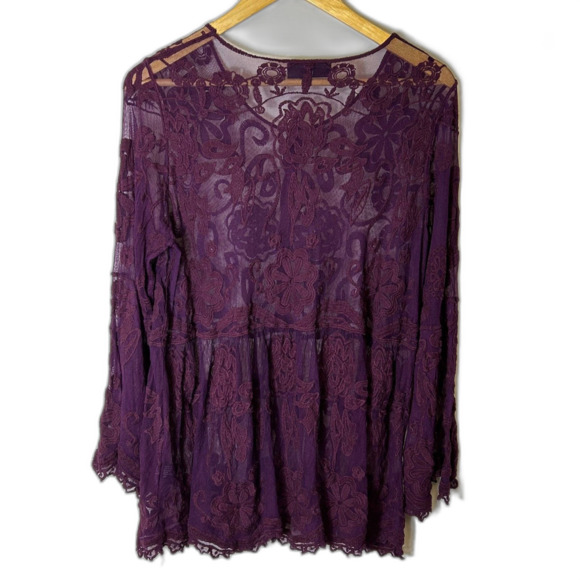 Lane Bryant Burgundy Sheer Embroidered Lace Babydoll Peplum LS Top Size 14/16 - Picture 8 of 13